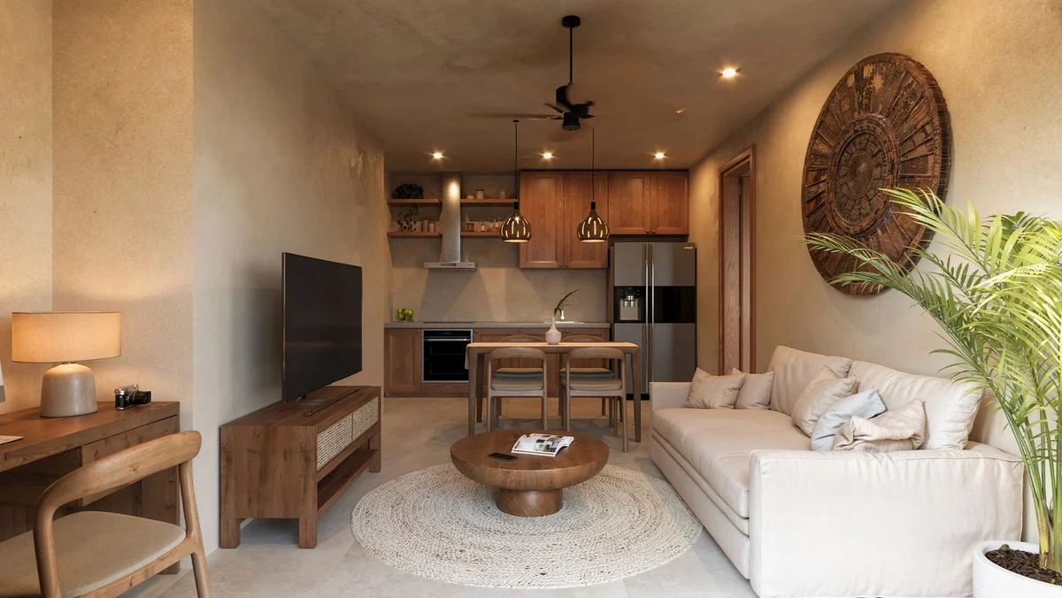 View of Open Concept Living at Fruits Losantos, showcasing Modern Kitchen, Contemporary Interior.