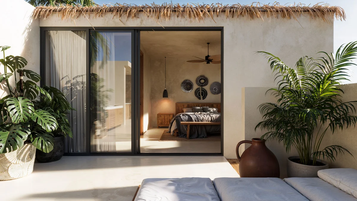 View of Tropical Bedroom at Fruits Losantos, showcasing Outdoor Living Space, Private Terrace.