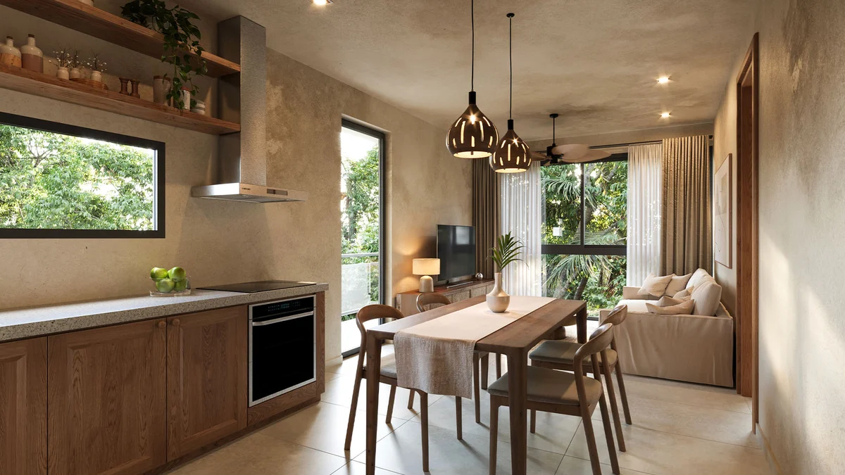 View of Open Concept Living at Fruits Losantos, showcasing Modern Kitchen, Dining Area.