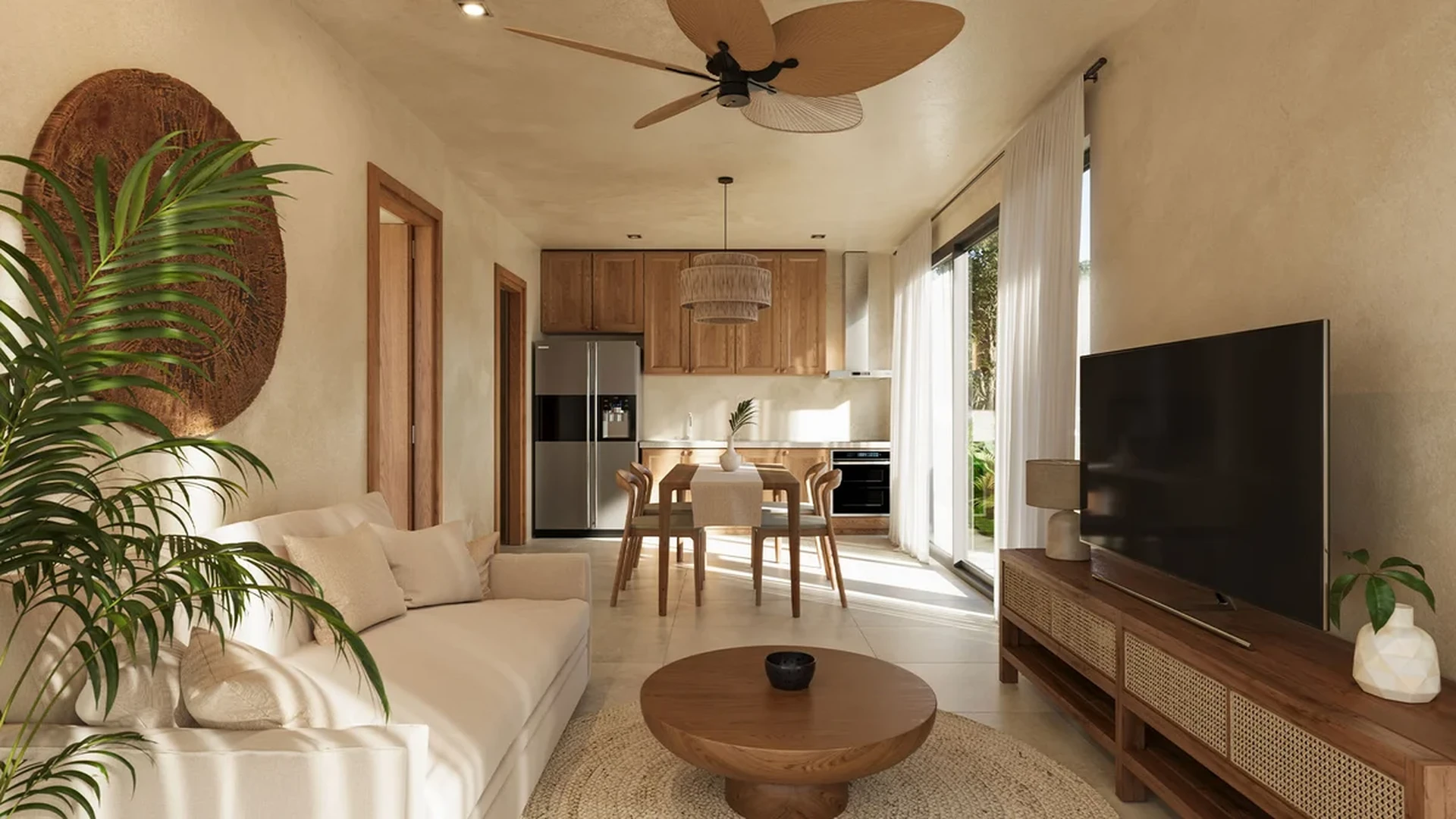 View of Open Concept Living at Fruits Losantos, showcasing Modern Kitchen, Dining Area.