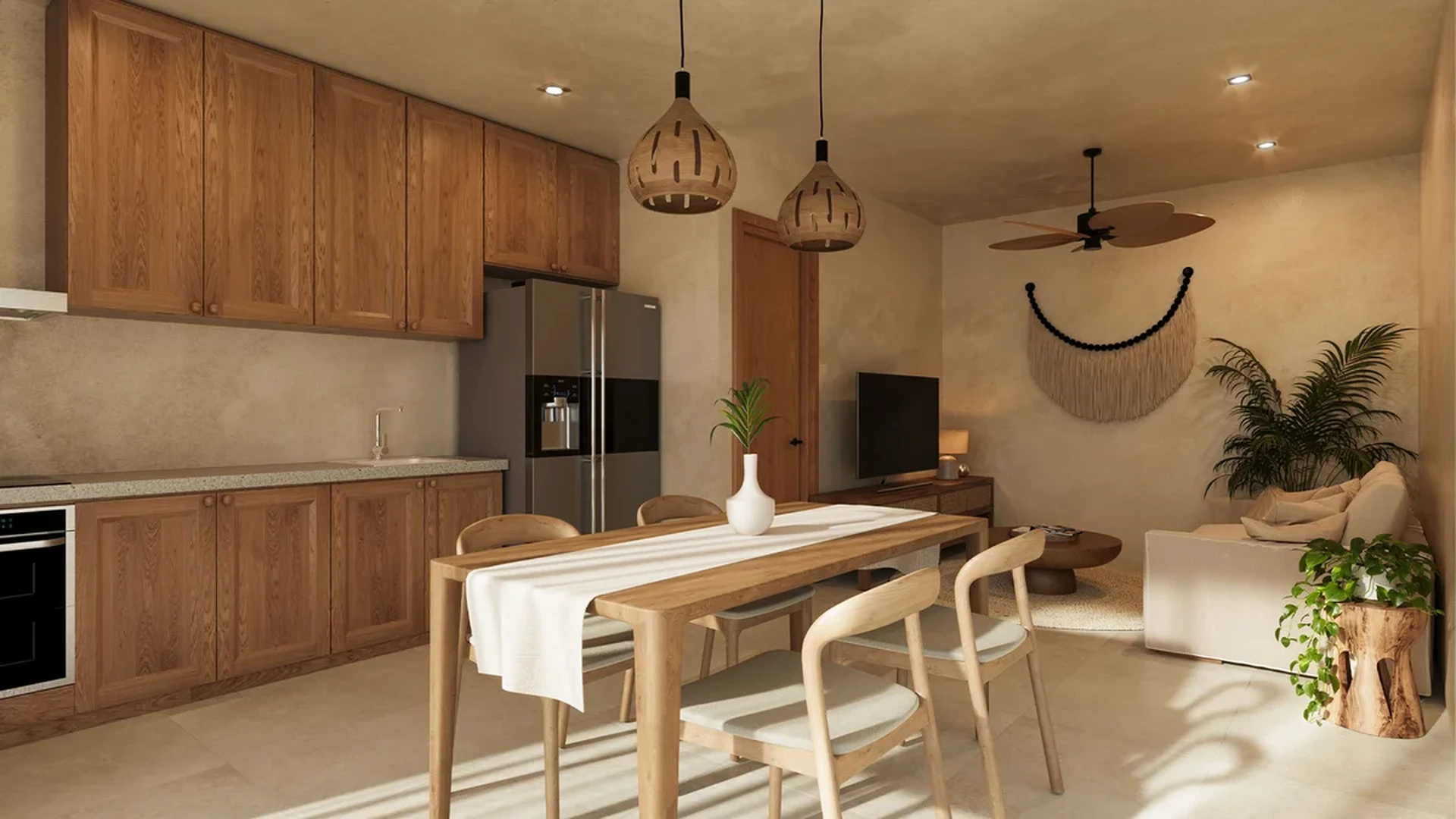 View of Open Concept Living at Fruits Losantos, showcasing Modern Interior Design, Kitchen Dining Living.