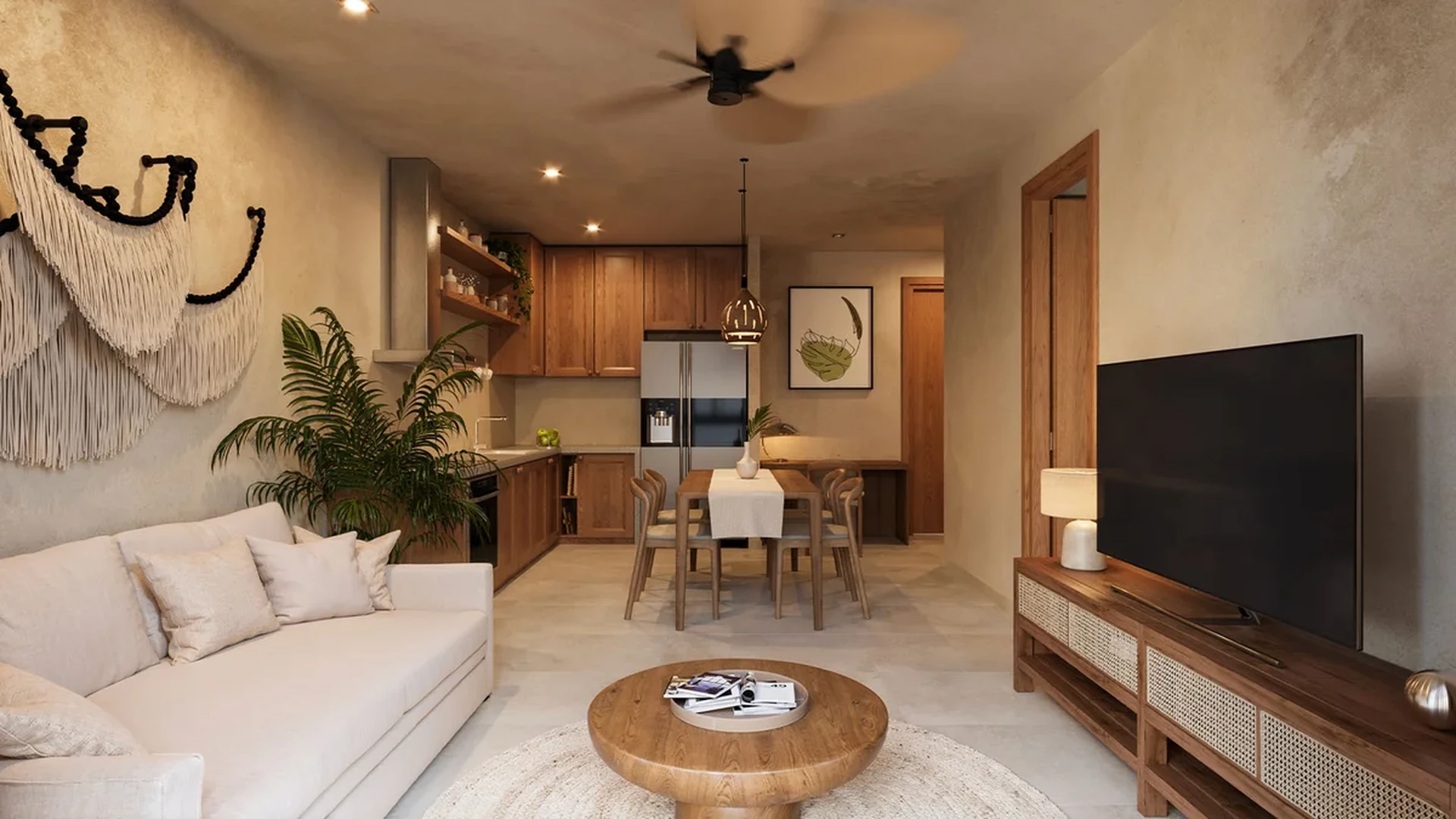 View of Open Concept Living at Fruits Losantos, showcasing Modern Kitchen, Dining Area.