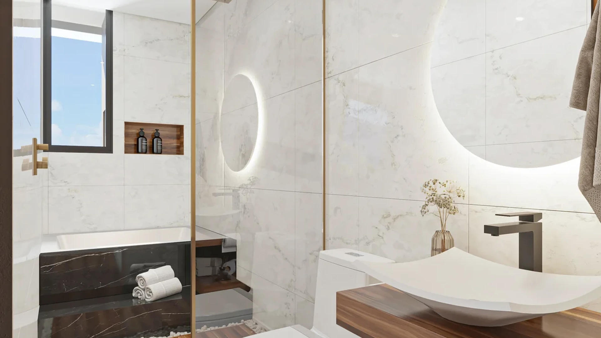 View of Modern Bathroom at DK 44 Fase 1, showcasing Luxury Bathroom, Marble Walls.
