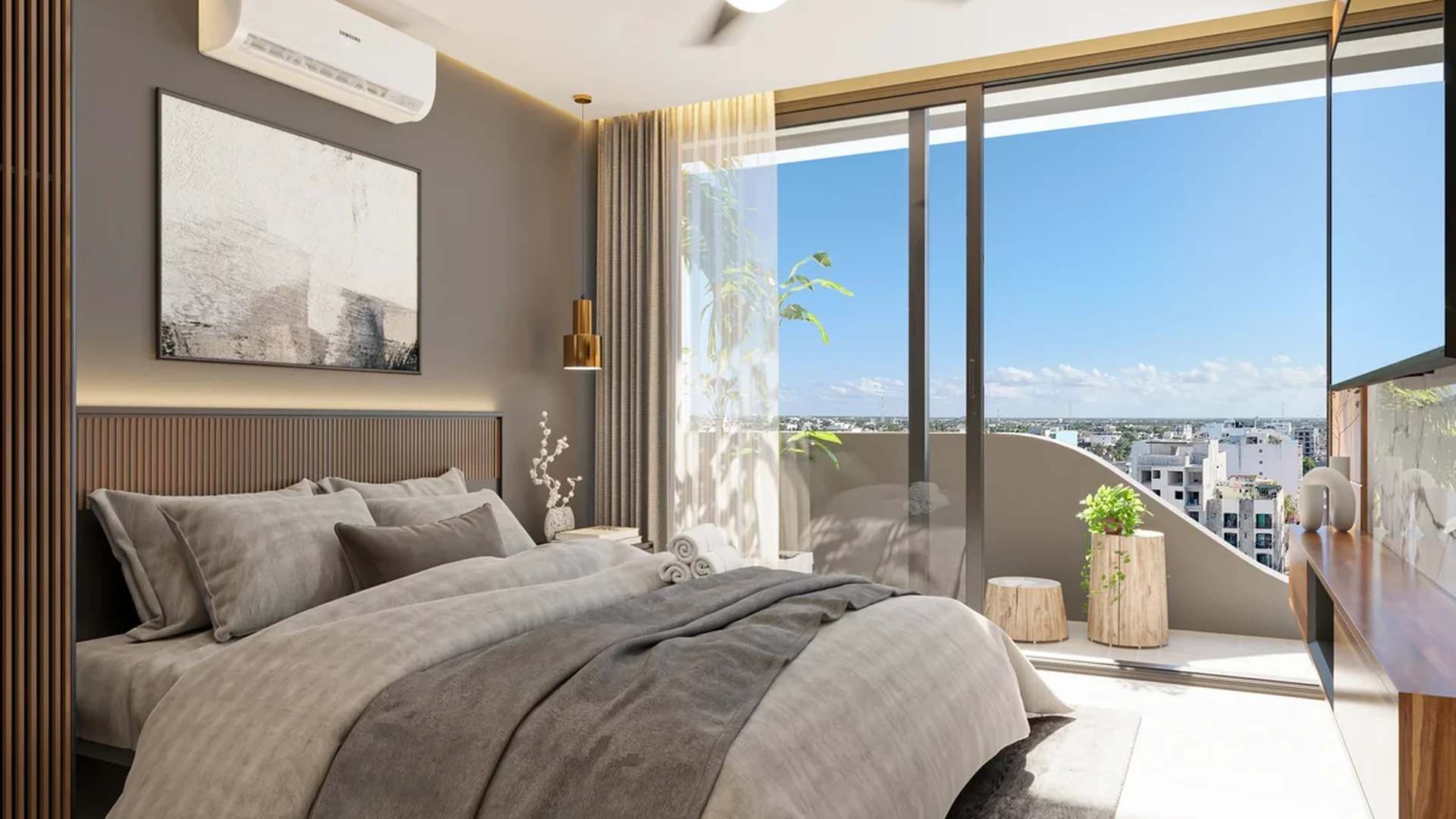 View of Modern Bedroom at DK 44 Fase 1, showcasing City View, Balcony Access.