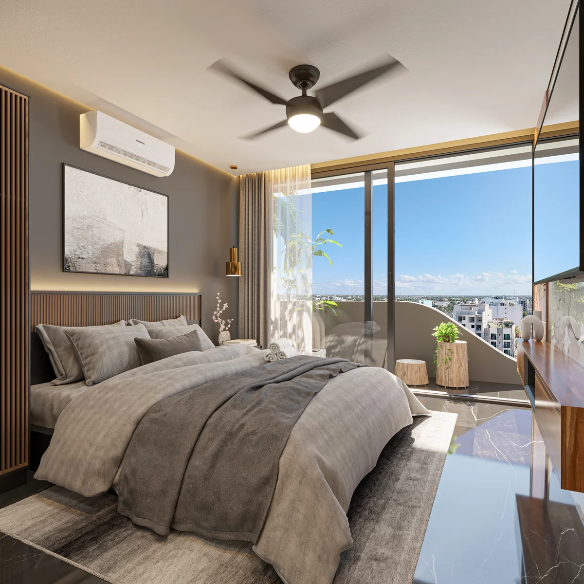 View of Modern Bedroom at DK 44 Fase 1, showcasing City View, Private Balcony.