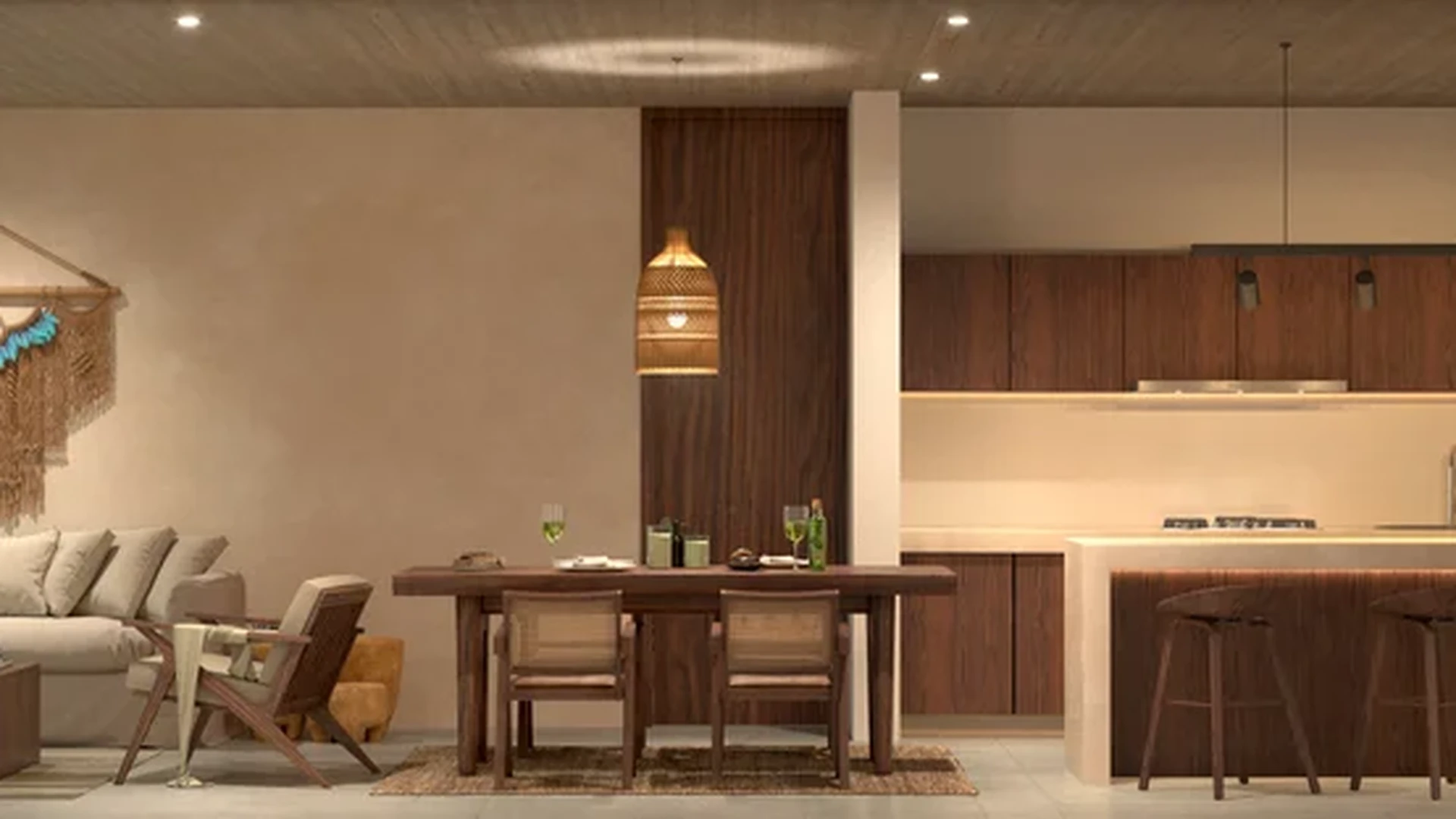 View of Open Concept Living at Distrito Arte, showcasing Modern Kitchen, Dining Area.