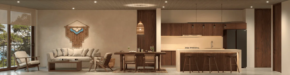 View of Open Concept Living at Distrito Arte, showcasing Modern Kitchen, Dining Area.