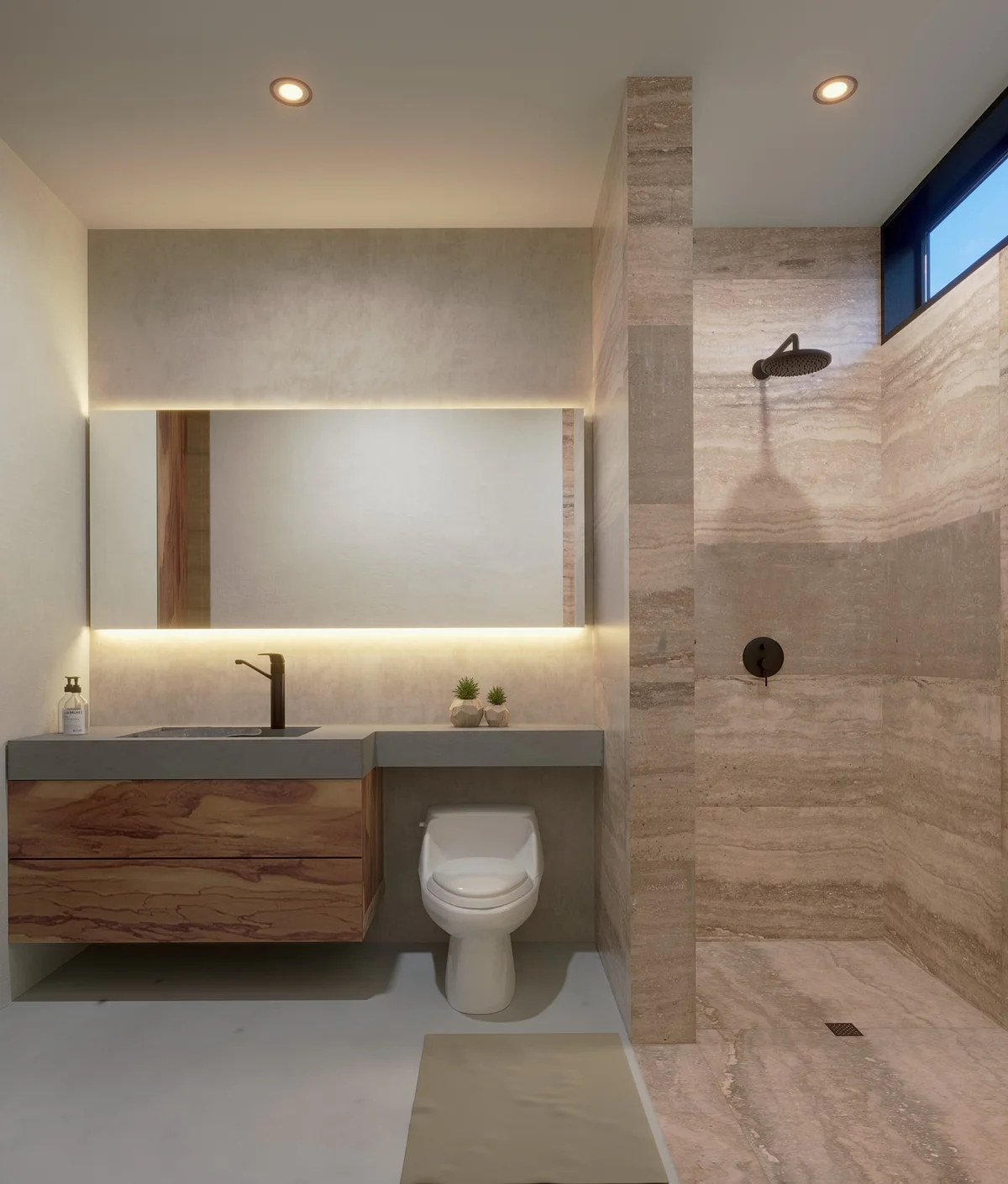 View of Modern Bathroom at Distrito Arte, showcasing Contemporary Design, Floating Vanity.
