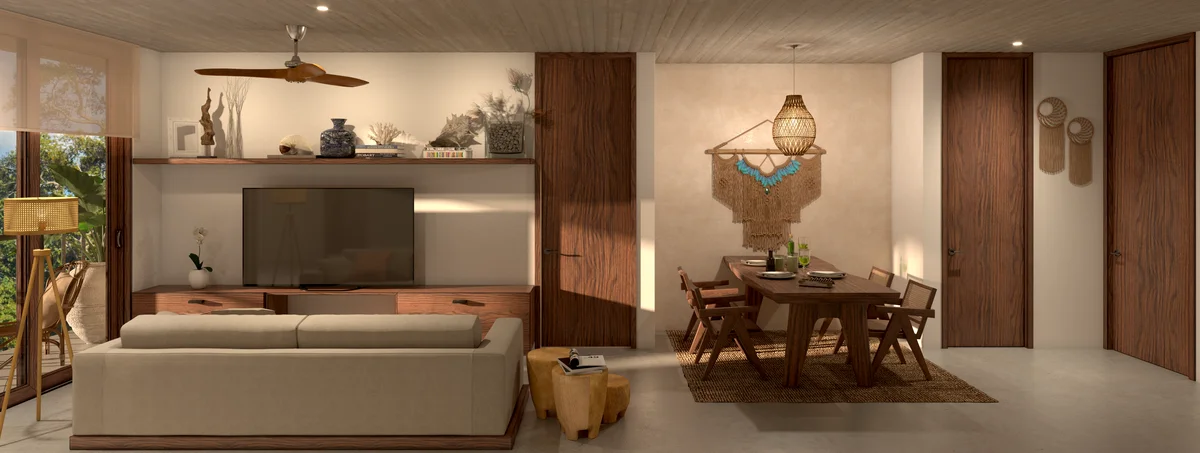 View of Open Concept Living at Distrito Arte, showcasing Modern Living Room, Dining Area.