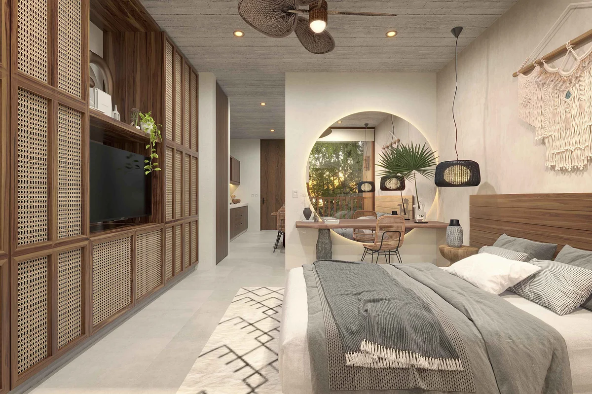 View of Modern Bedroom at Distrito Arte, showcasing Stylish Interior, Wood Accents.