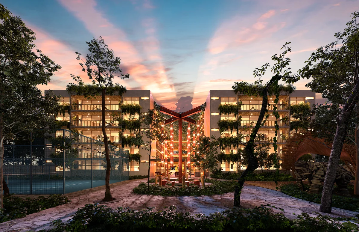 Image of Lounge at Distrito Arte, featuring Residential Exterior, Evening Ambiance.