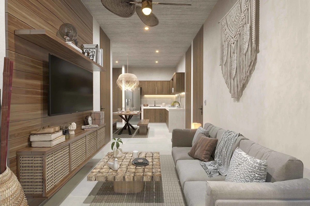 View of Open Concept Living at Distrito Arte, showcasing Modern Interior Design, Integrated Kitchen.