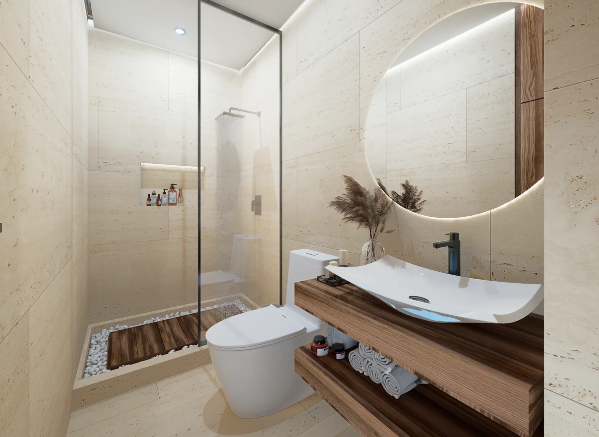 View of Modern Bathroom at DK 42, showcasing Luxury Shower, Floating Vanity.