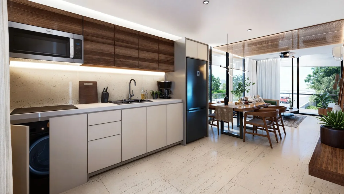 View of Modern Kitchen at DK 42, showcasing Open Concept Living, Contemporary Design.