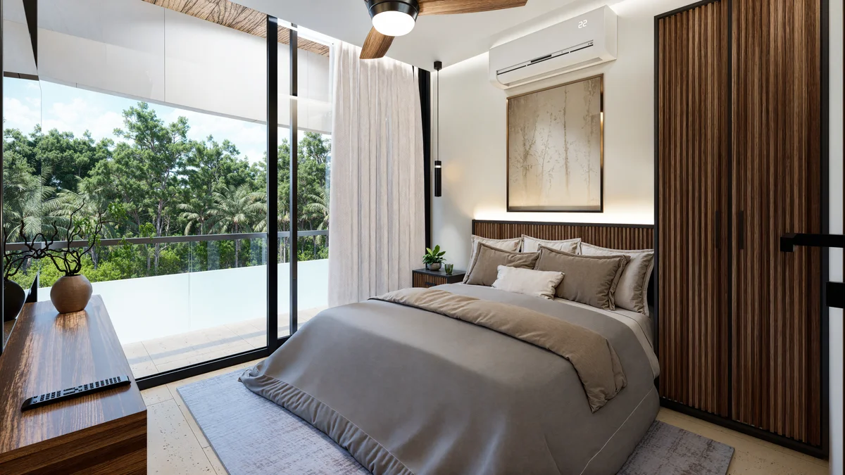View of Modern Bedroom at DK 42, showcasing Tropical View, Balcony Access.
