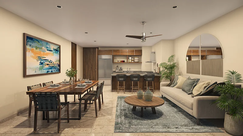 View of Open Concept Living at Gran Tulum, showcasing Modern Kitchen, Contemporary Interior.