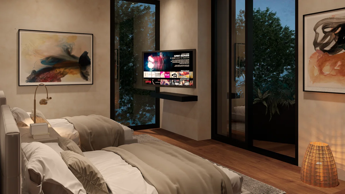 View of Modern Bedroom at Hermitage Keej, showcasing Contemporary Interior, Guest Bedroom.