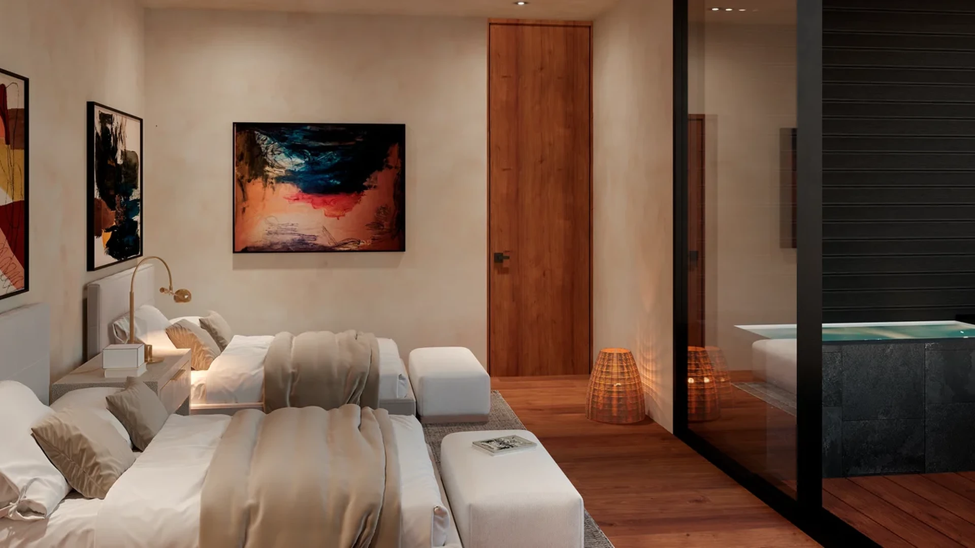 Image of Jacuzzi at Hermitage Keej, featuring Modern Bedroom, Twin Beds.