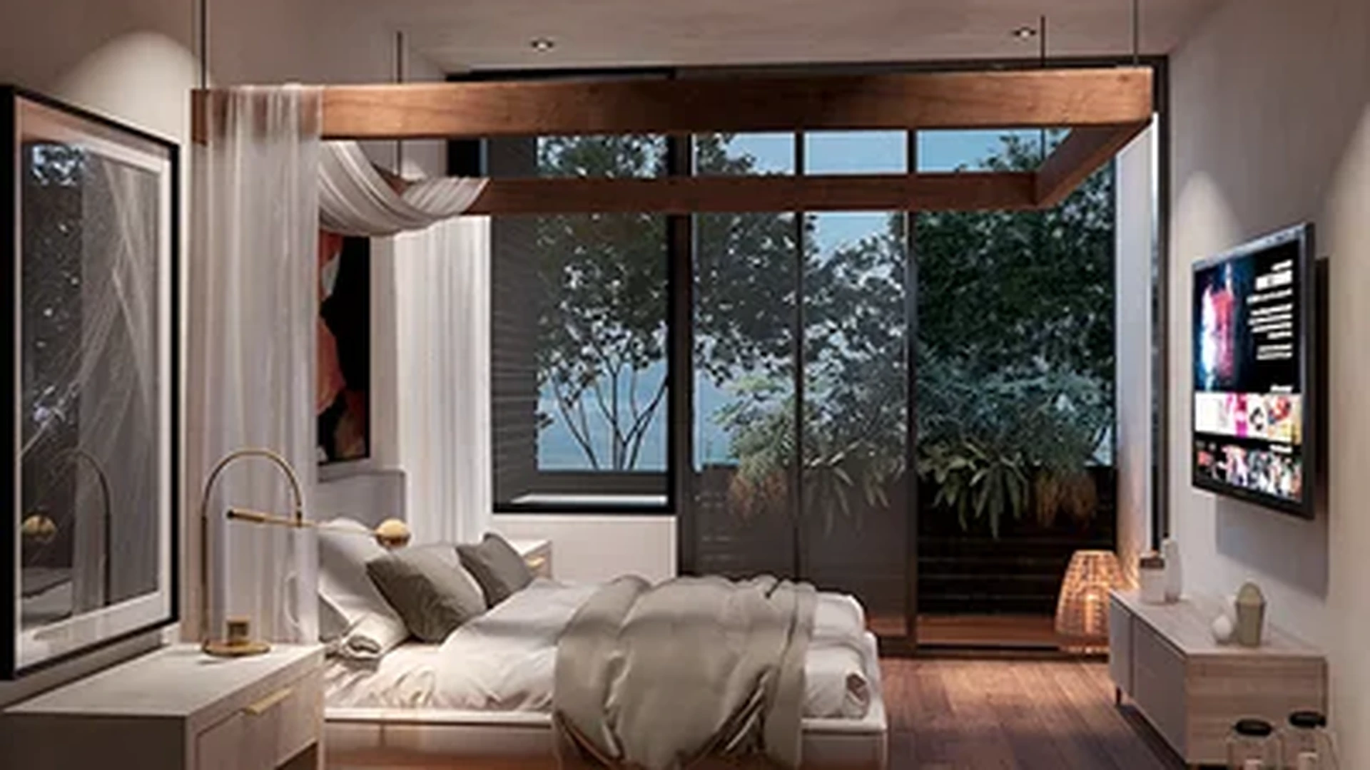 View of Modern Bedroom at Hermitage Keej, showcasing Spacious Bedroom, Floor-to-ceiling Windows.