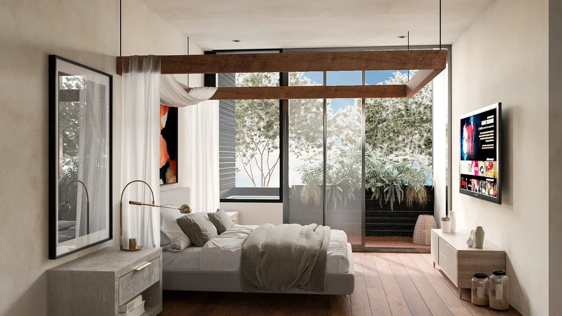 Image of Swimming Pool at Hermitage Keej, featuring Modern Bedroom, Hardwood Flooring.