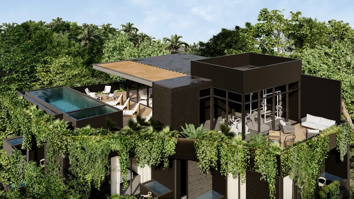 Image of Swimming Pool at Hermitage Keej, featuring Rooftop Pool, Modern Architecture.