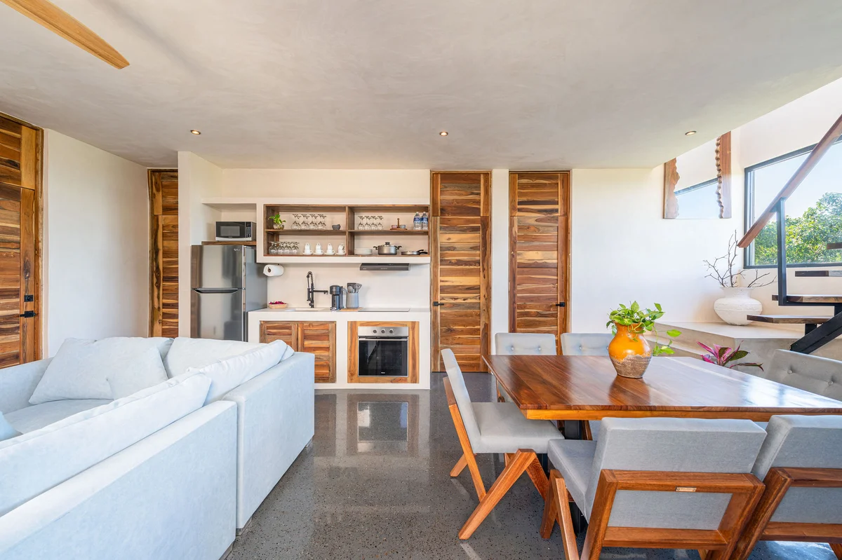 View of Open Concept Living at Irie, showcasing Modern Interior Design, Kitchenette.