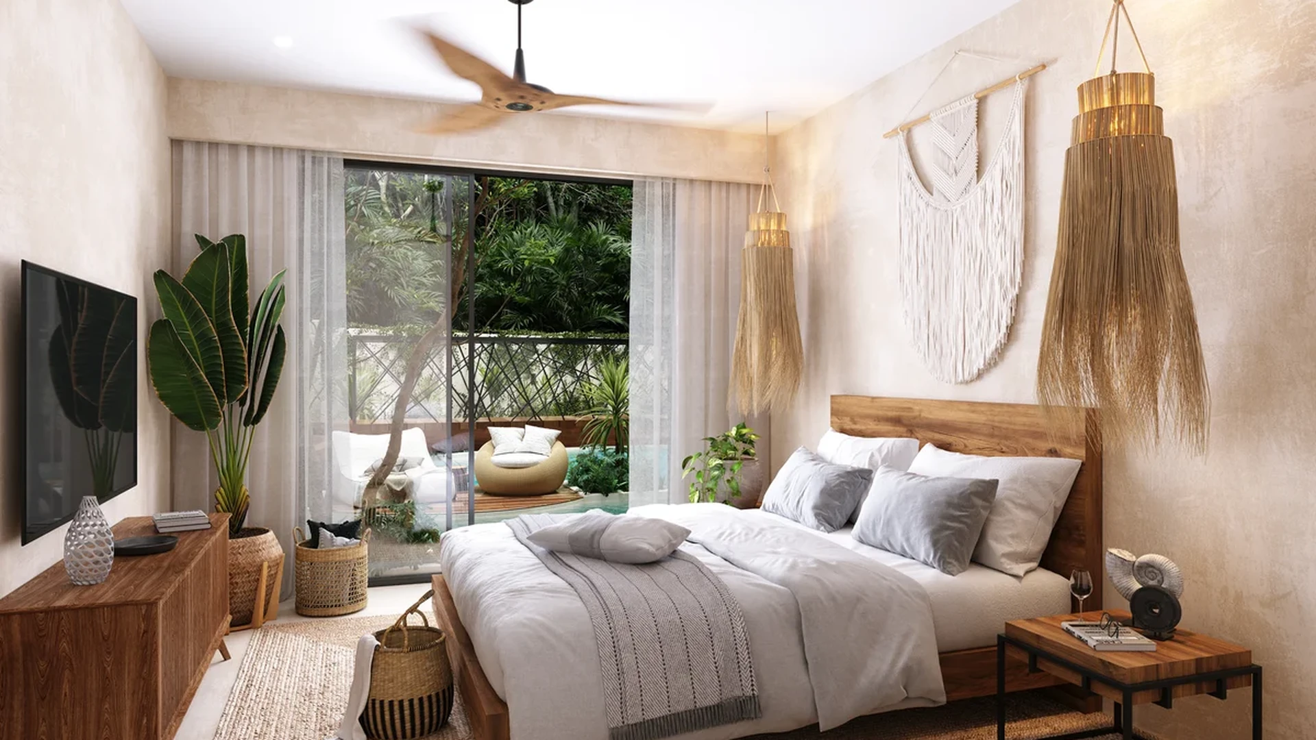 View of Modern Bedroom at Itza Selva, showcasing Bohemian Style, Private Balcony.