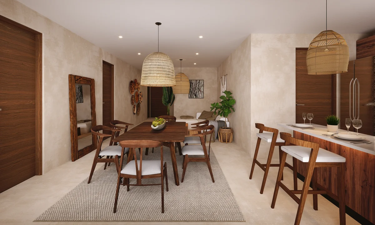 View of Modern Dining Room at Itza Selva, showcasing Open Concept Living, Kitchen Island Seating.