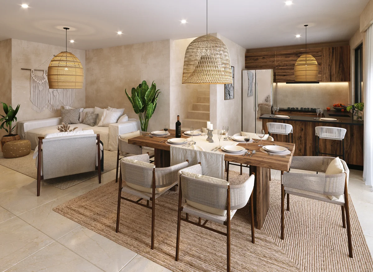 View of Open Concept Living at Itza Selva, showcasing Modern Interior Design, Dining Area.