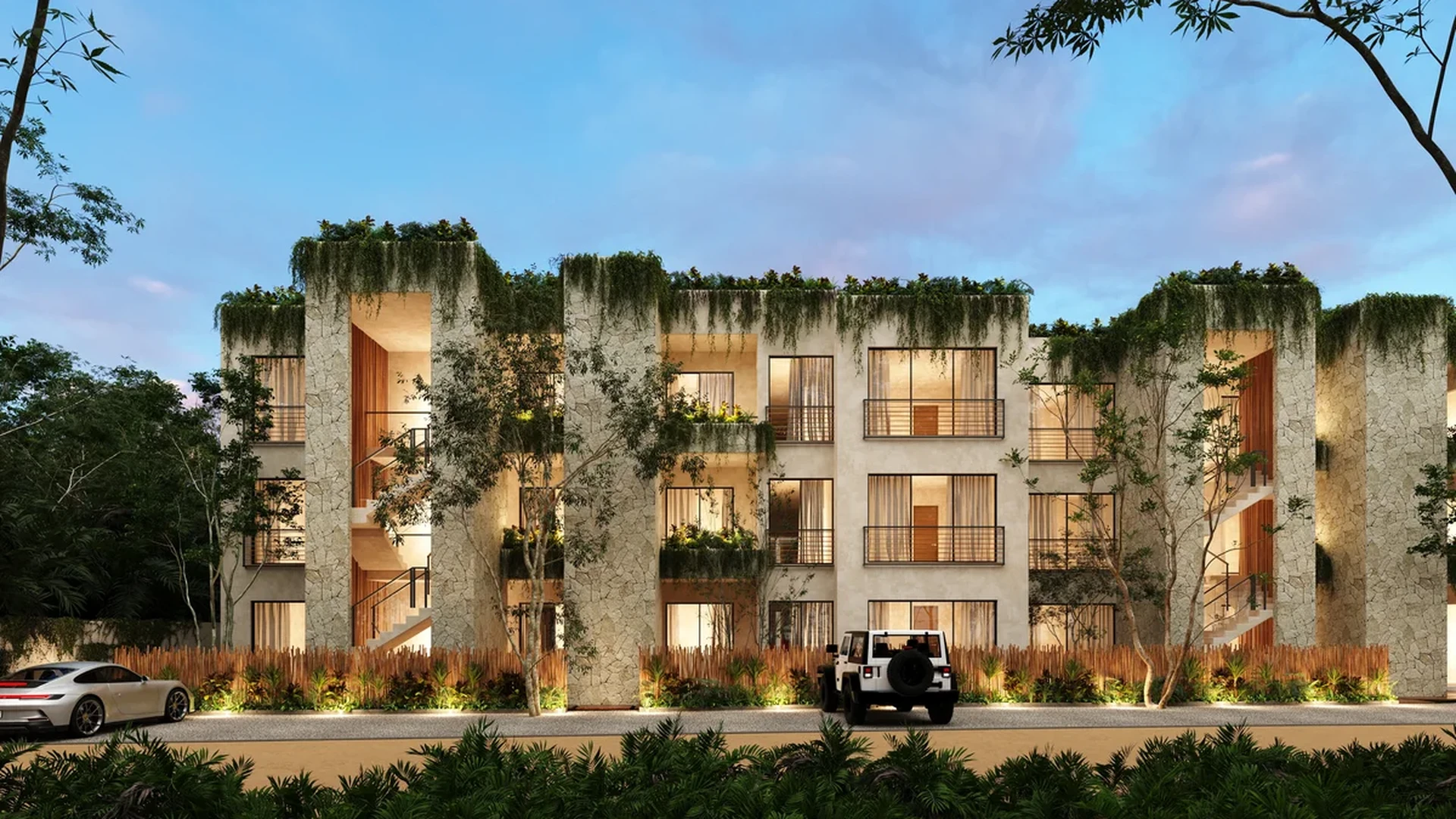 Image of Parking at Itza Selva, featuring Modern Architecture, Residential Facade.