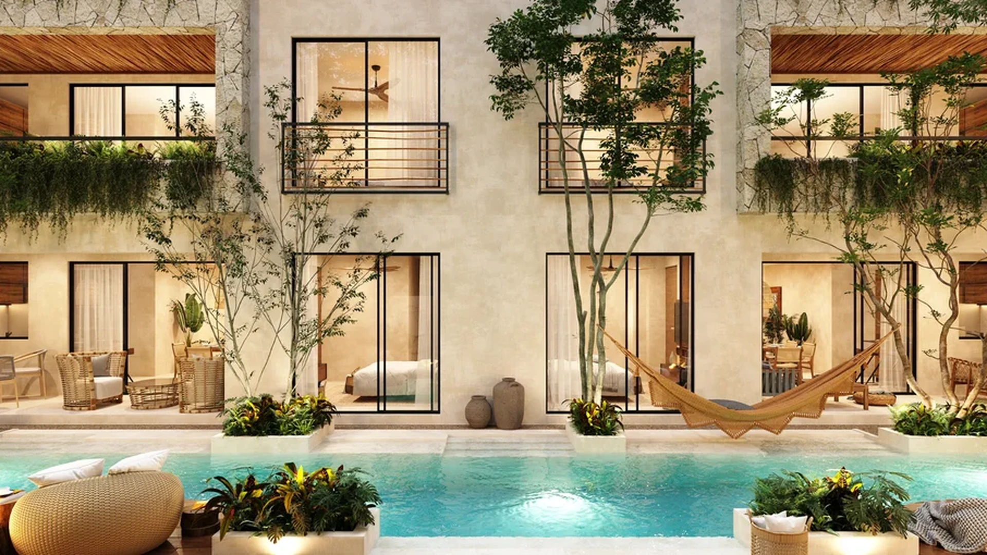 Image of Swimming Pool at Itza Selva, featuring Modern Architecture, Residential Facade.