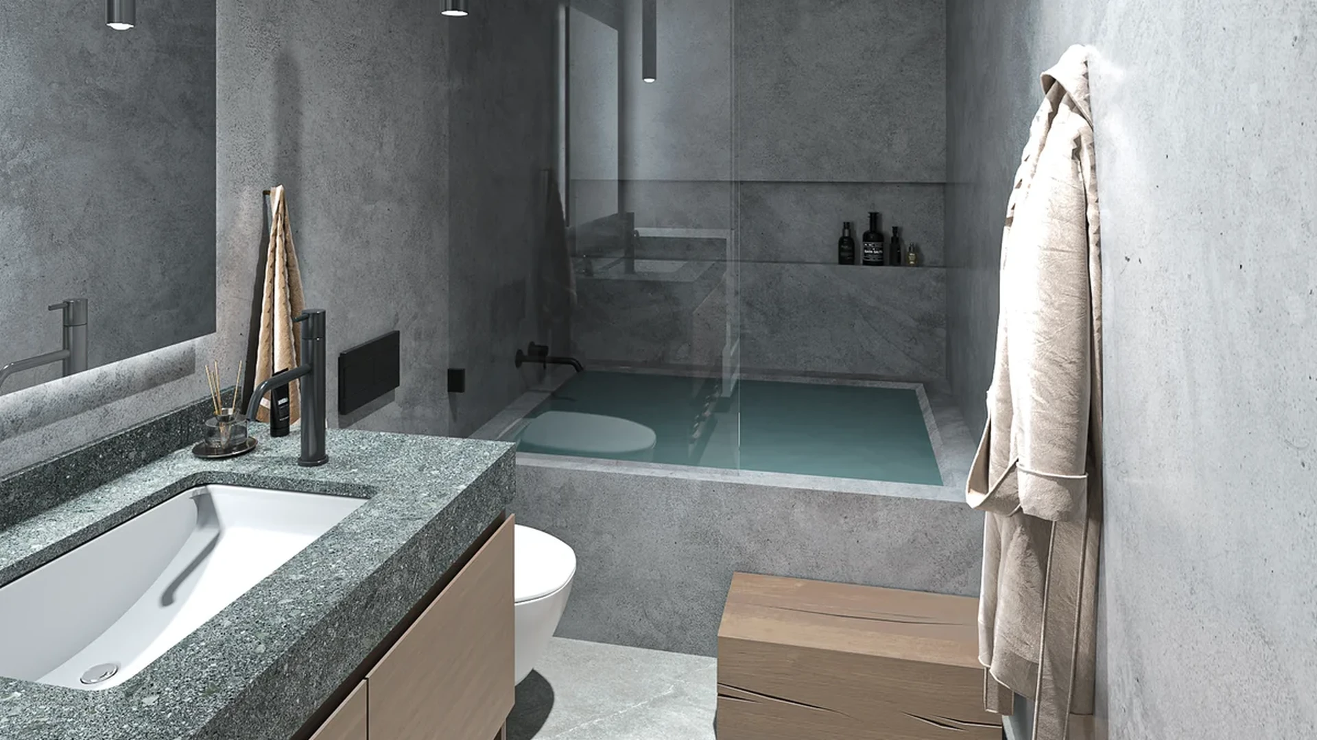 View of Modern Bathroom at Kachava Lux, showcasing Contemporary Design, Stone Wall Bathroom.