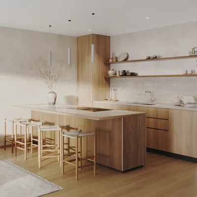 View of Modern Kitchen at Ki Residences, showcasing Kitchen Island, Wood Cabinets.