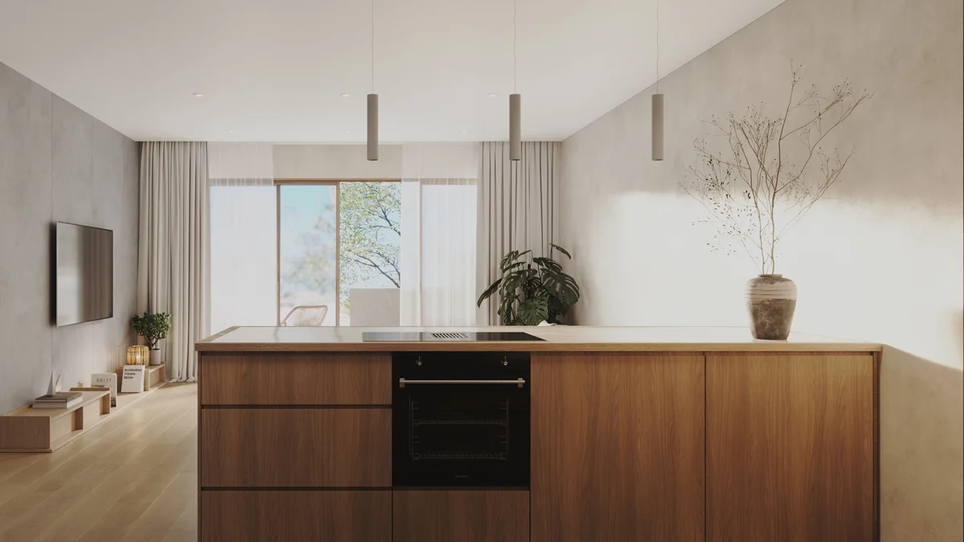 View of Modern Kitchen at Ki Residences, showcasing Open Concept Living, Wood Cabinetry.