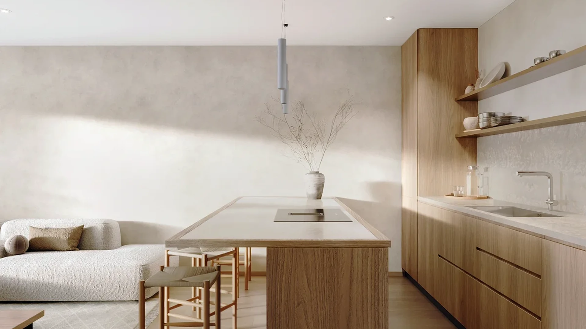 View of Open Concept Living at Ki Residences, showcasing Modern Kitchen, Hardwood Flooring.