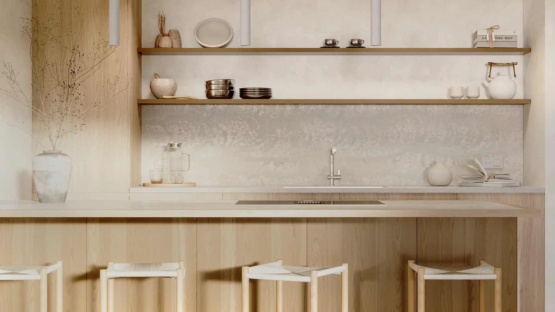 View of Modern Kitchen at Ki Residences, showcasing Kitchen Island, Wood Cabinetry.