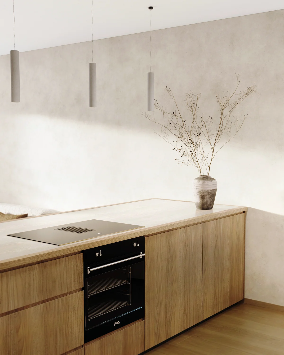 View of Modern Kitchen at Ki Residences, showcasing Wood Cabinetry, Integrated Appliances.