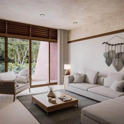 View of Modern Living Room at Kiino, showcasing Spacious Interior, Neutral Decor.