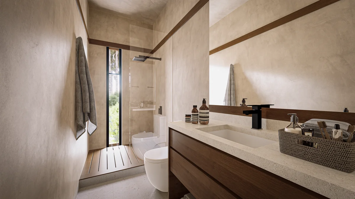 View of Modern Bathroom at Kiino, showcasing Contemporary Design, Spa-like Shower.