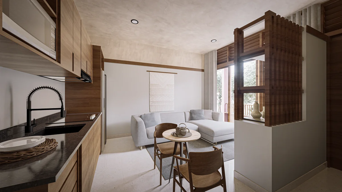 View of Modern Kitchen at Kiino, showcasing Living Room, Open Concept.