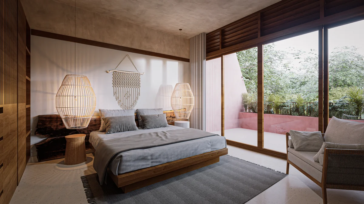 View of Modern Bedroom at Kiino, showcasing Bohemian Style, Natural Light.