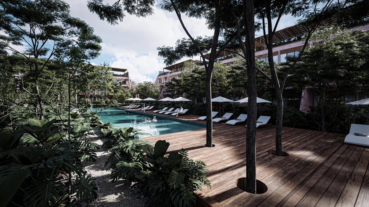 Image of Swimming Pool at Kiino, featuring Resort-style Pool, Tropical Landscaping.