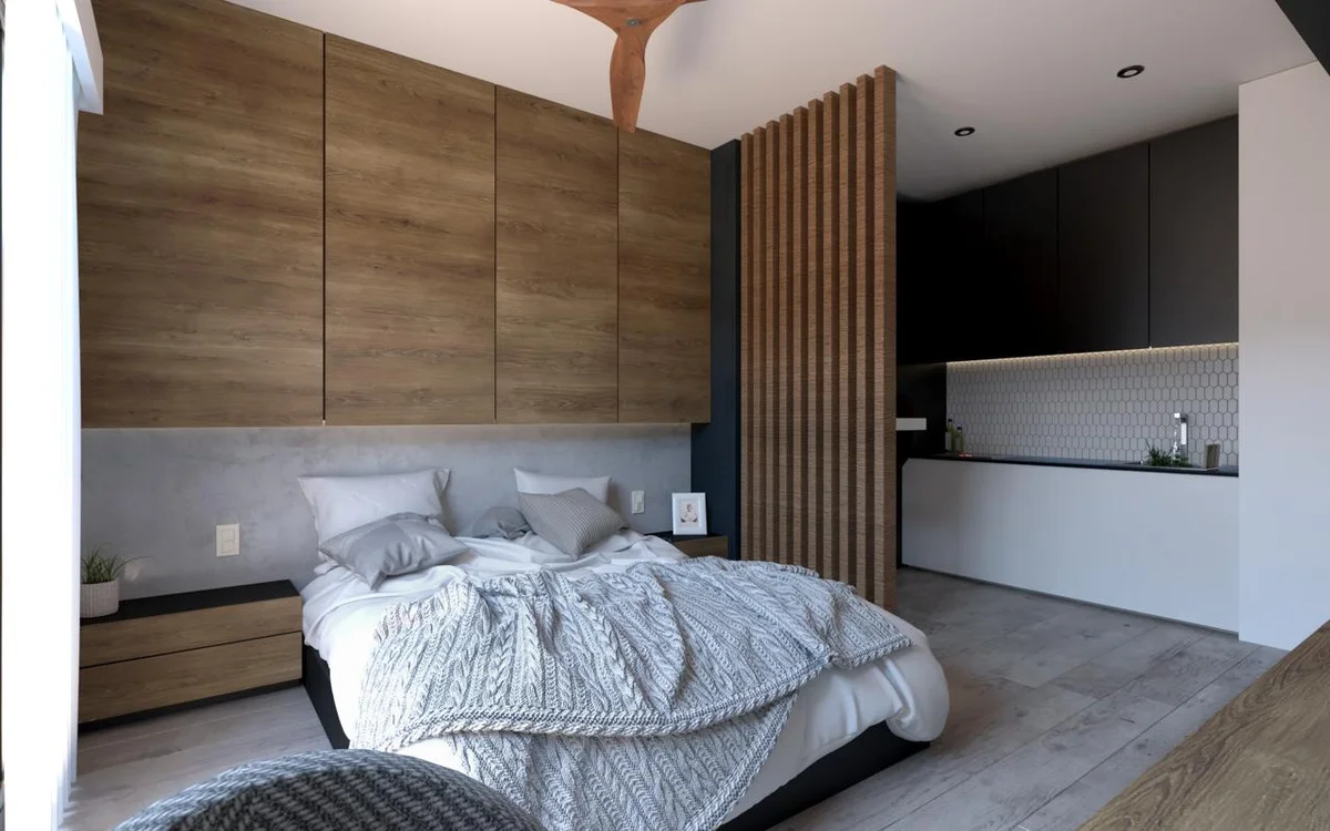 Image of a Studio Apartment, featuring Modern Design and Wood Accent Wall.