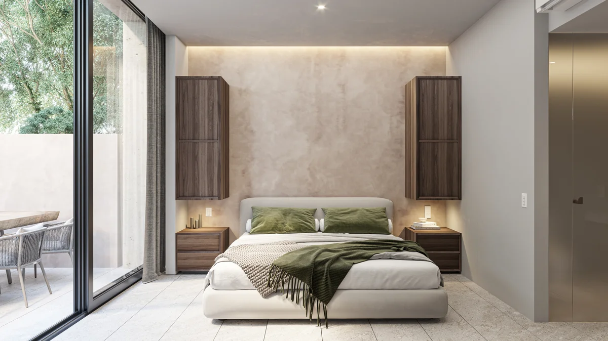 Image of a Modern Bedroom, featuring Sliding Glass Doors and Private Patio.