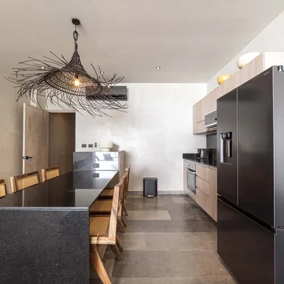 View of Modern Kitchen at NEEA, showcasing Dining Area, Contemporary Design.