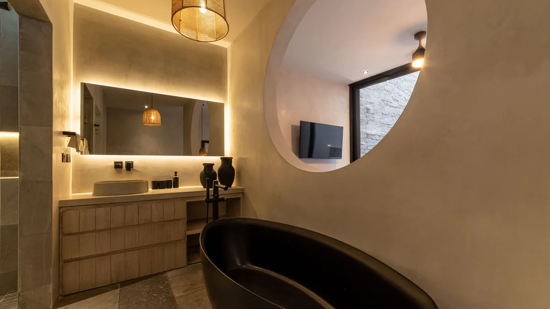 View of Modern Bathroom at NEEA, showcasing Luxury Bathtub, Freestanding Tub.