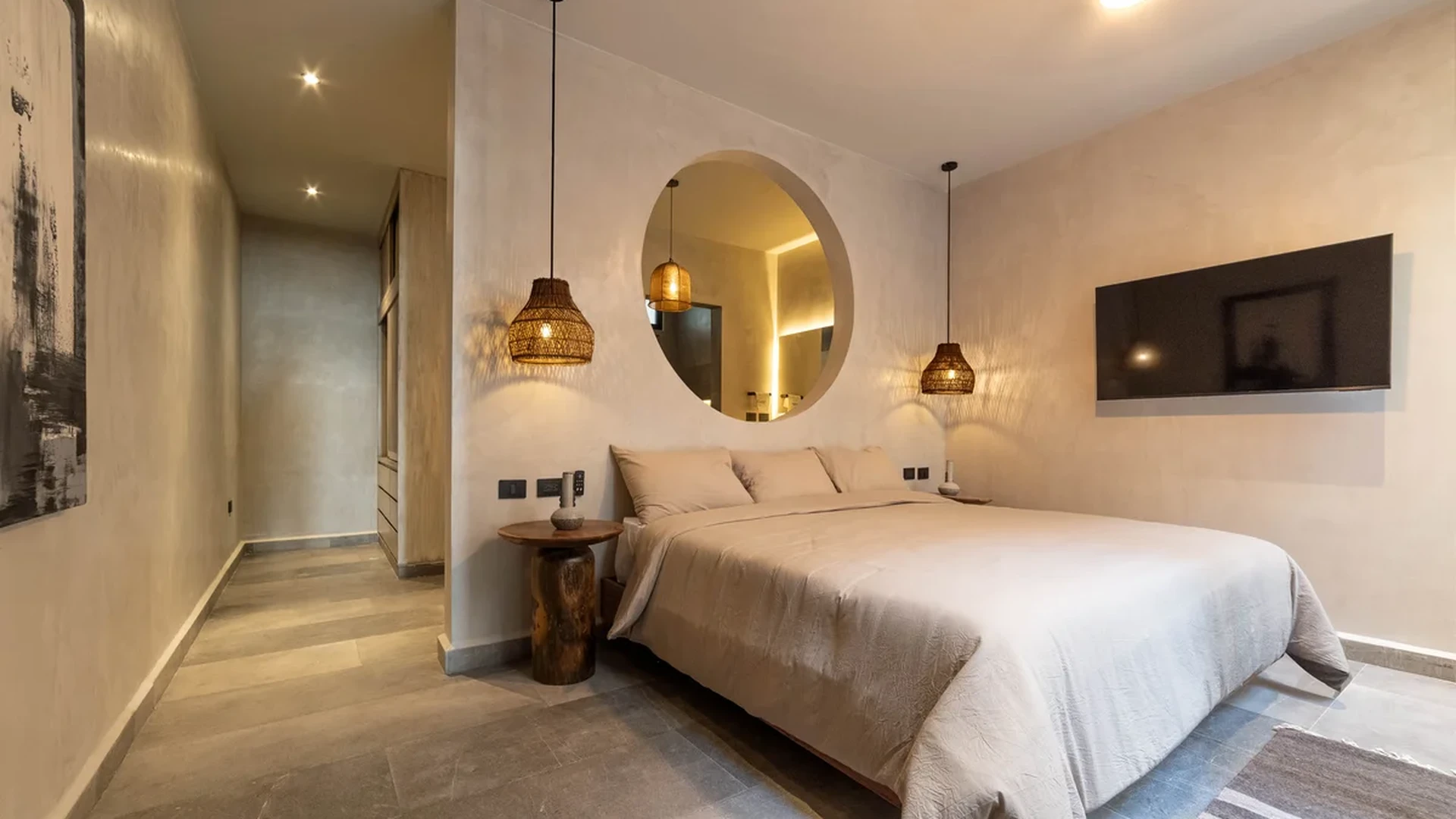 View of Modern Bedroom at NEEA, showcasing Neutral Tones, Stylish Decor.