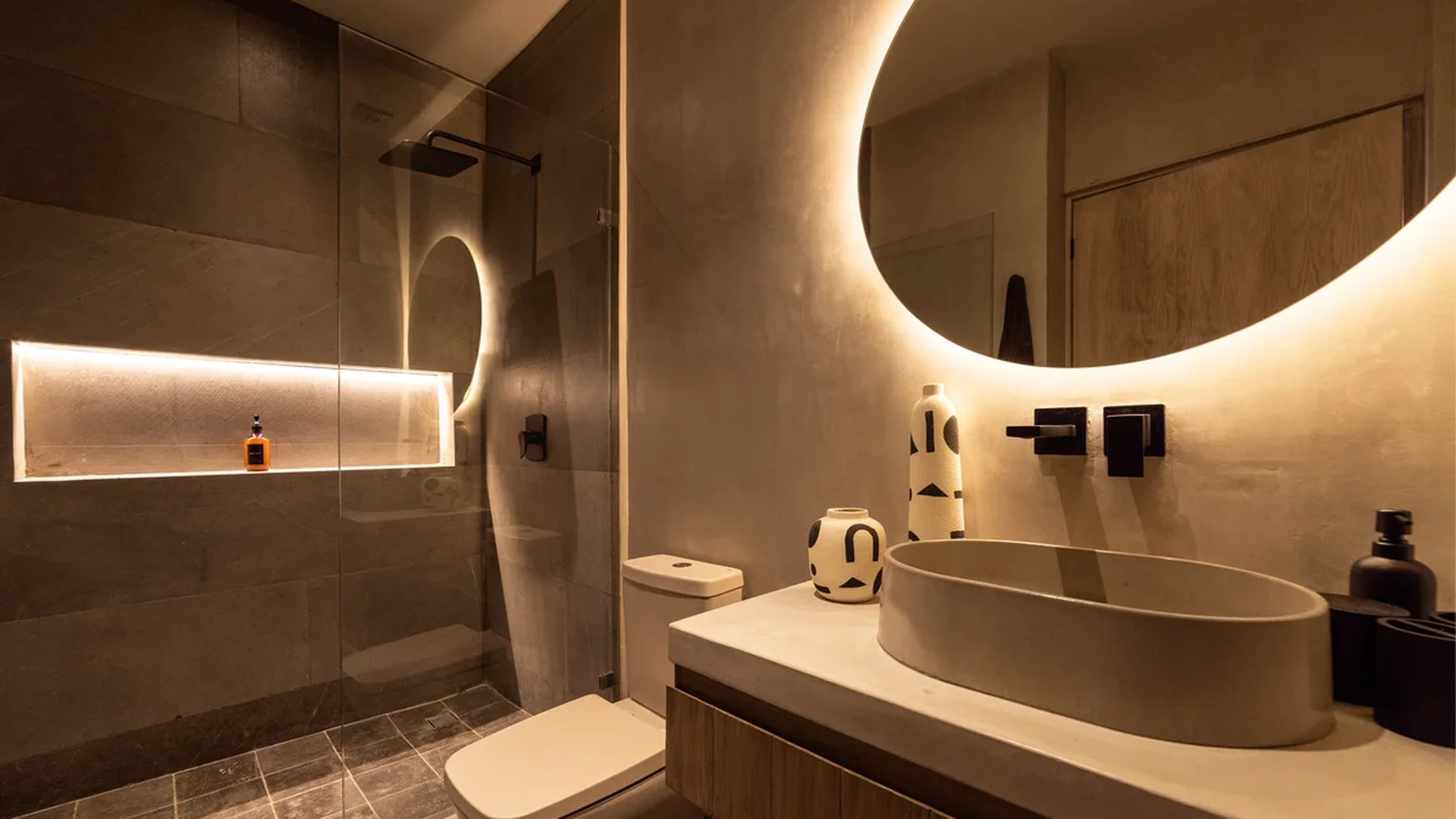 View of Modern Bathroom at NEEA, showcasing Contemporary Design, Floating Vanity.