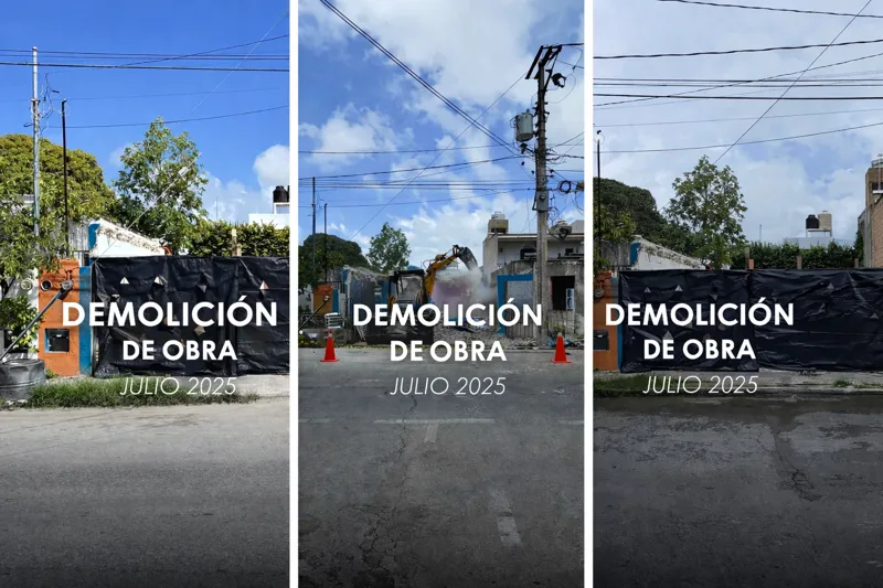 A three-panel collage illustrating the demolition progress for Centurmex 25. The first panel shows a building behind a black construction fence, the middle panel features an excavator actively demolishing the structure, and the final panel shows t...