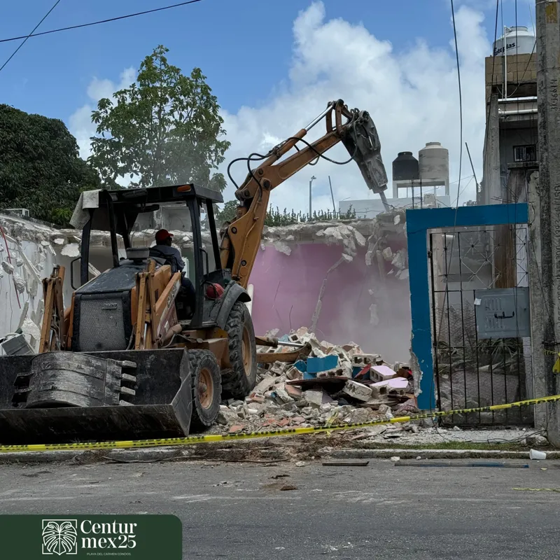 A three-panel collage illustrating the demolition progress for Centurmex 25. The first panel shows a building behind a black construction fence, the middle panel features an excavator actively demolishing the structure, and the final panel shows t...